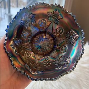 Vtg Fenton Cobalt Blue Carnival Glass Little Flowers  Berry / Sauce Bowl